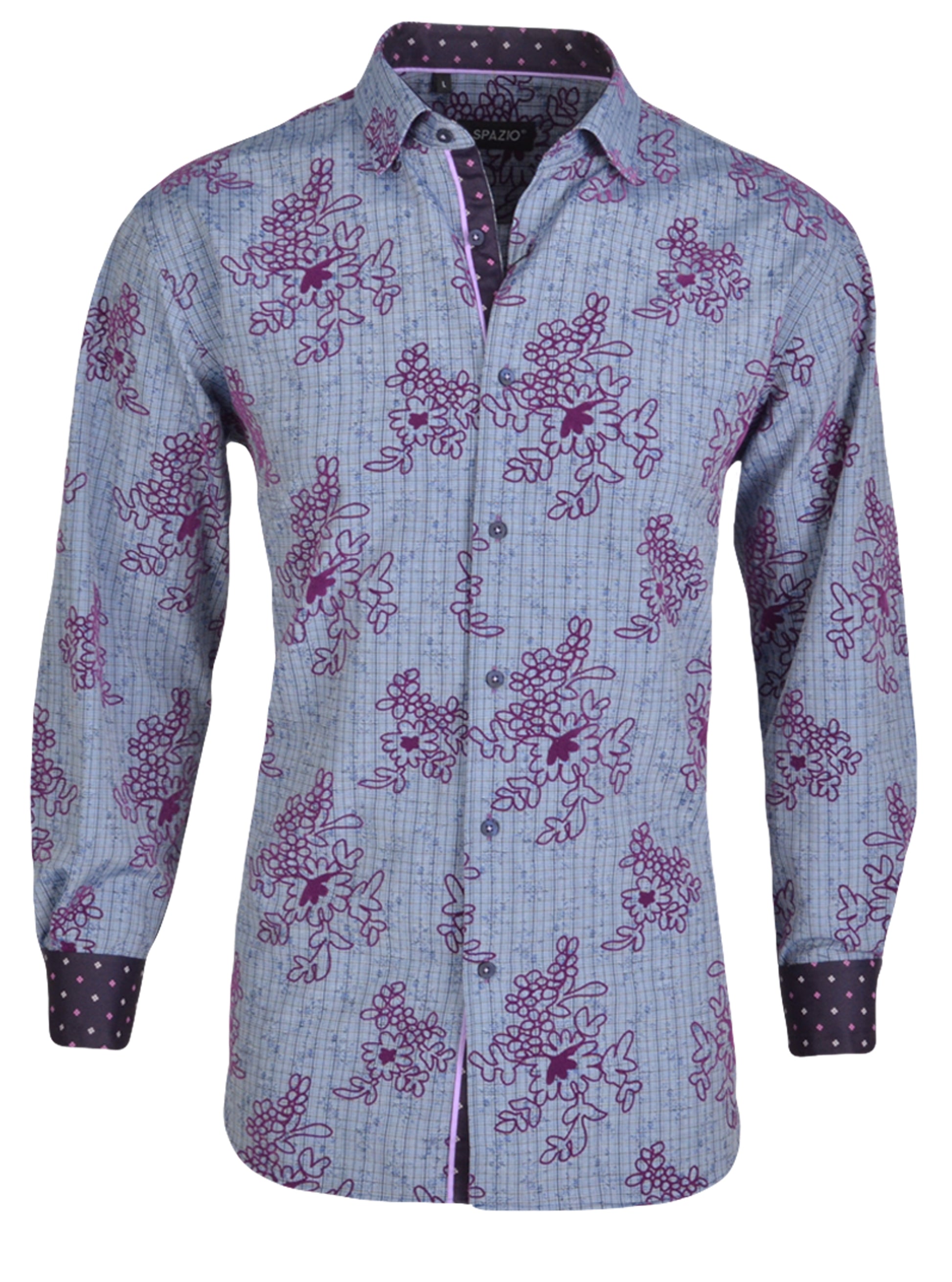 Floral patterned shirt with purple and black accents on a white background