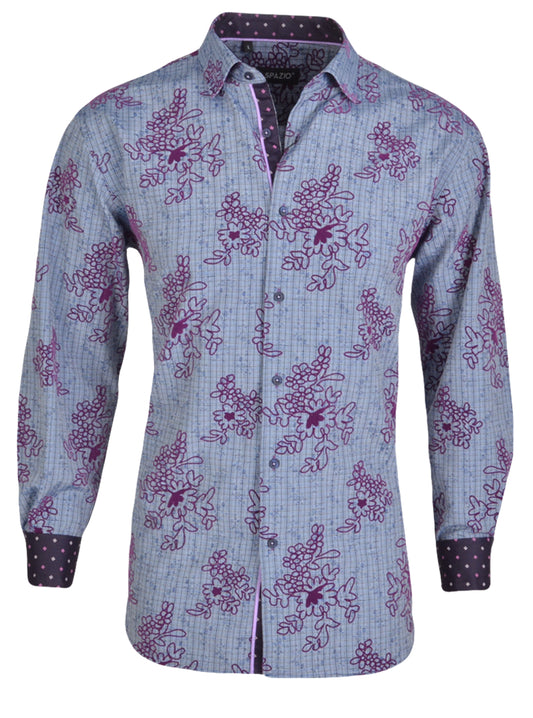 Floral patterned shirt with purple and black accents on a white background