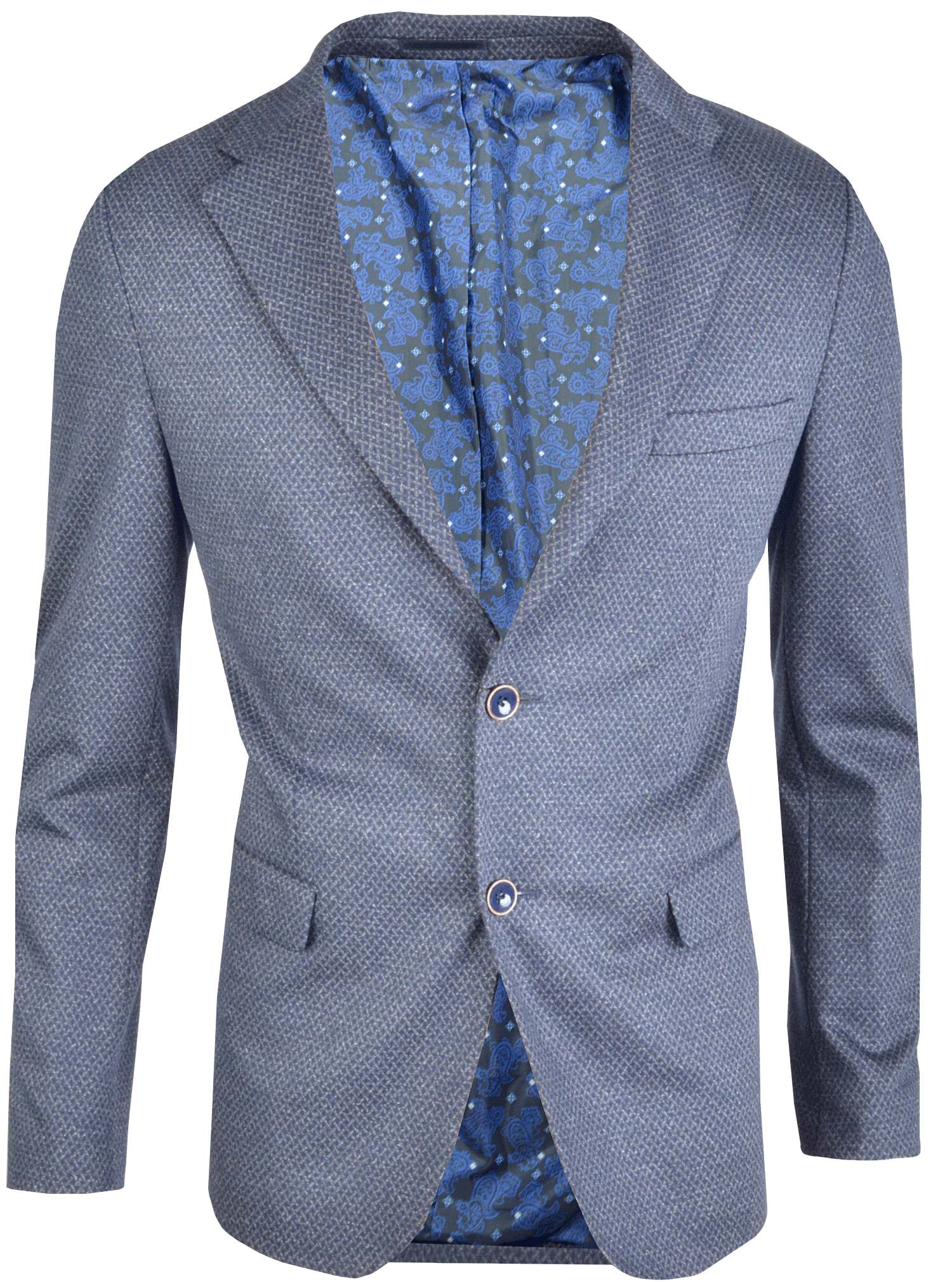 Blue patterned blazer with a matching shirt on a white background