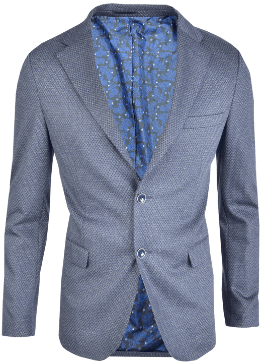 Blue patterned blazer with a matching shirt on a white background