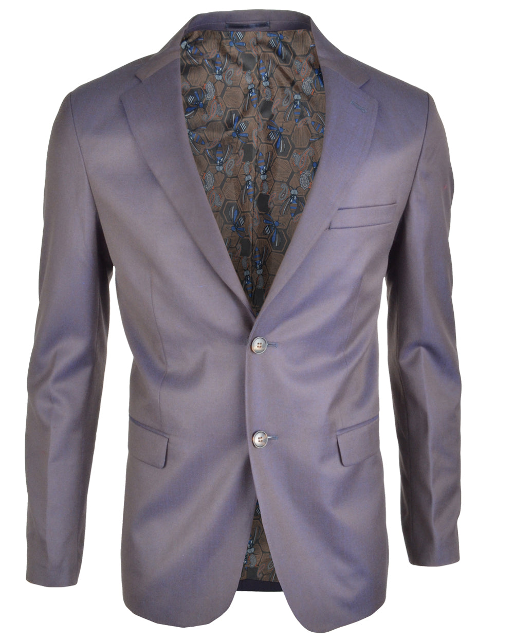 A brown blazer with a navy sheen, displaying a front view with its collar, buttons, and a visible patterned shirt underneath.