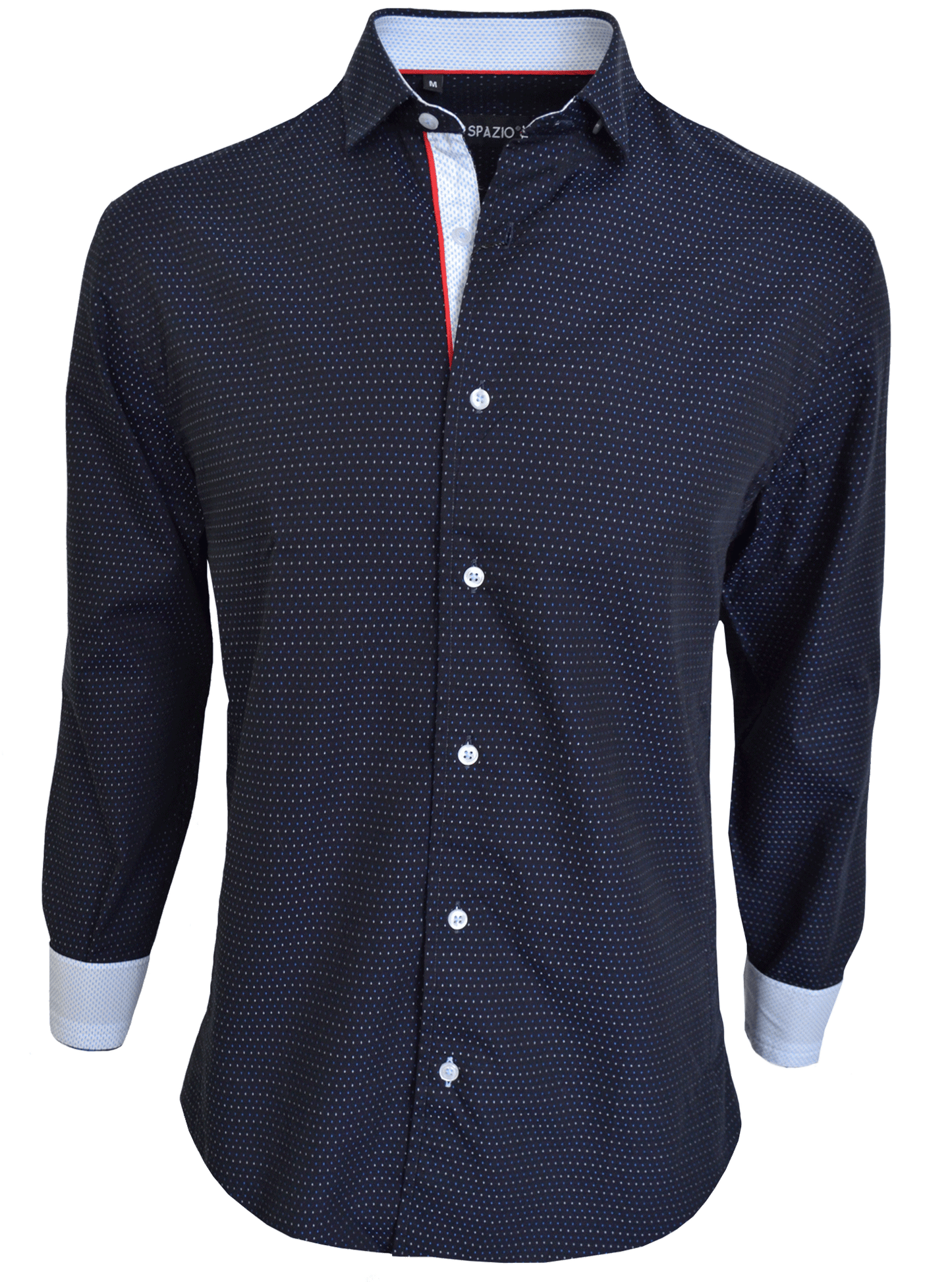 Navy patterned shirt with white buttons on a white background