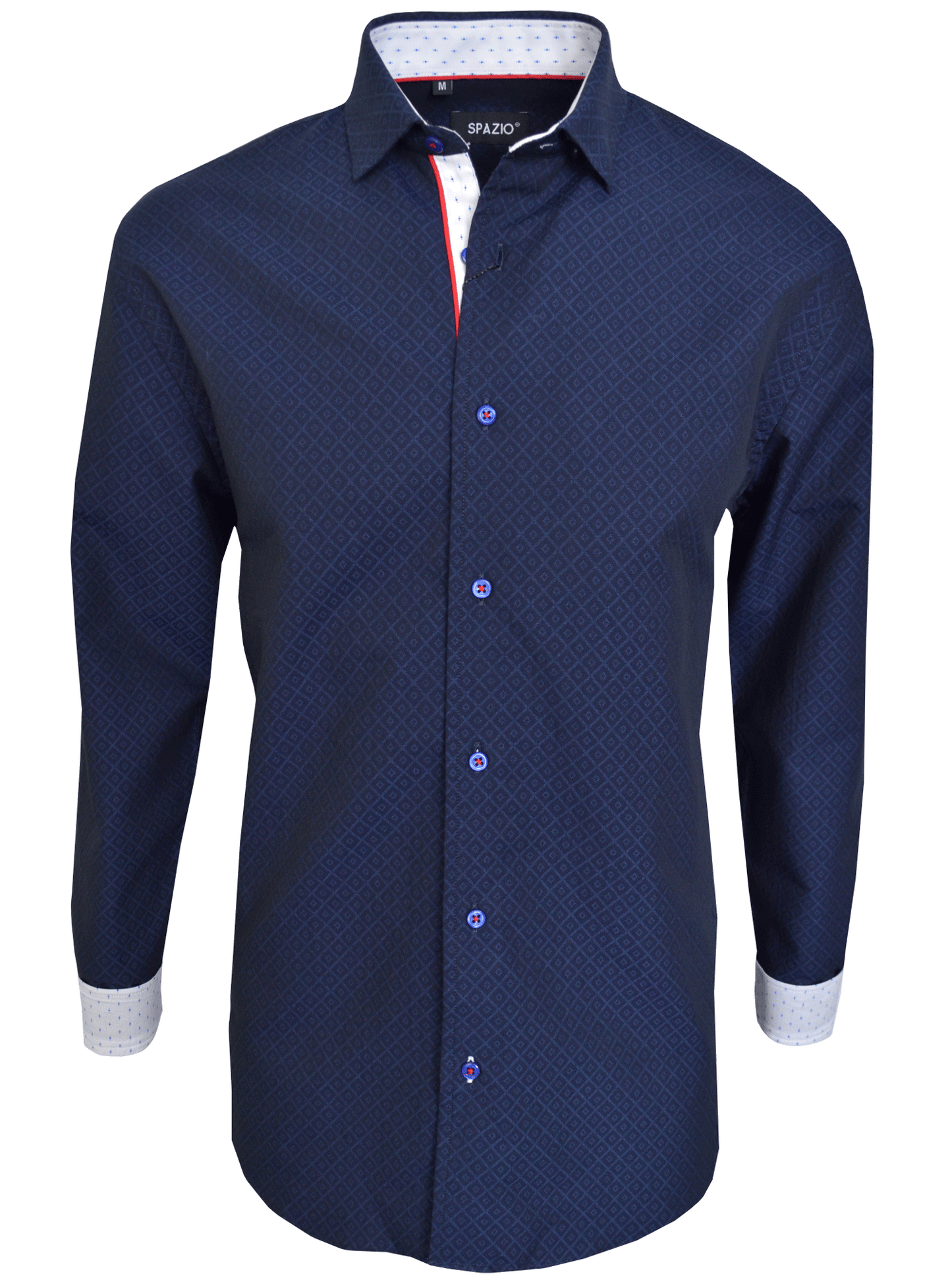 Navy blue dress shirt with white collar and cuffs on a white background