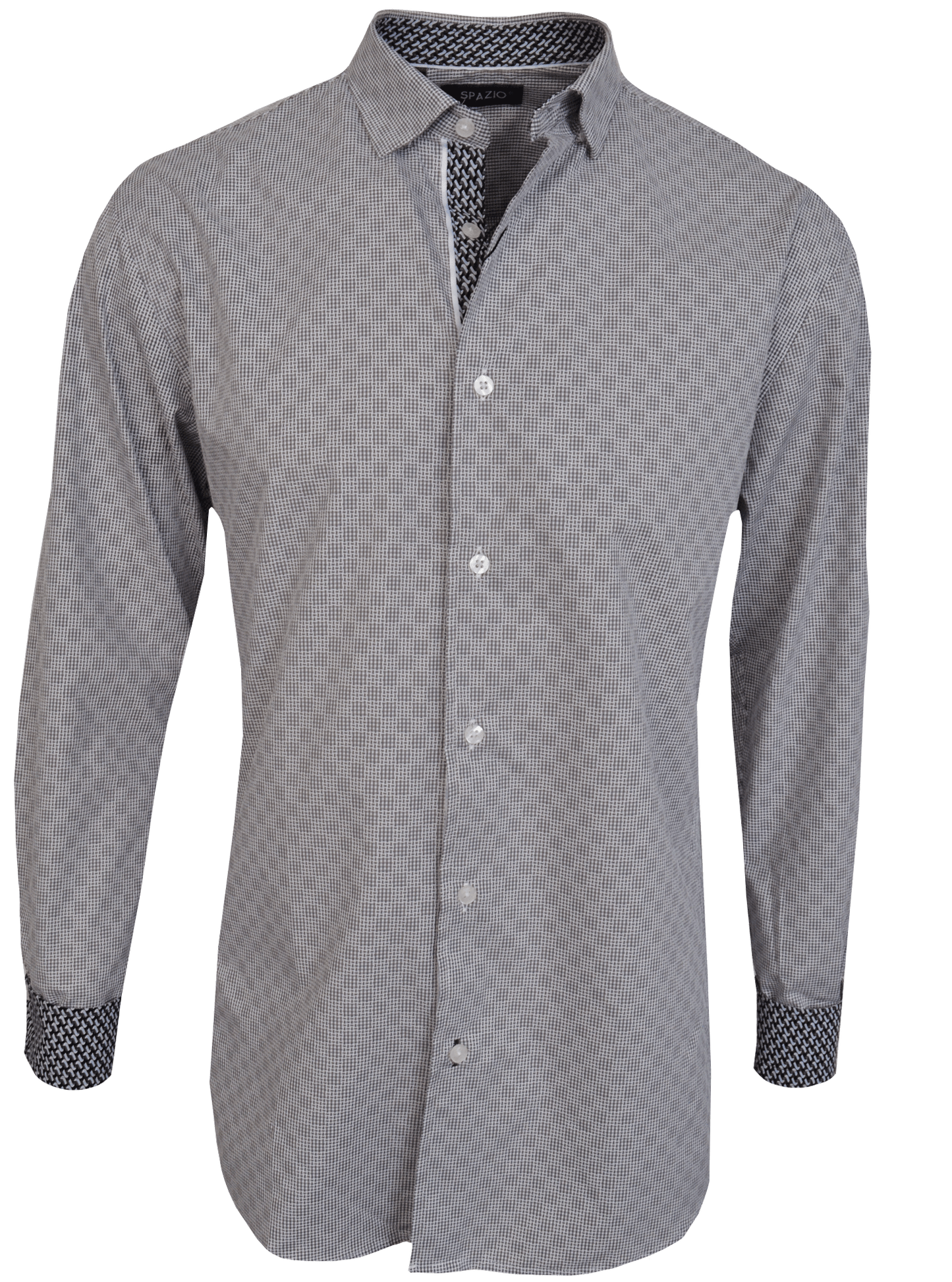 Gray patterned shirt with black cuffs on a white background