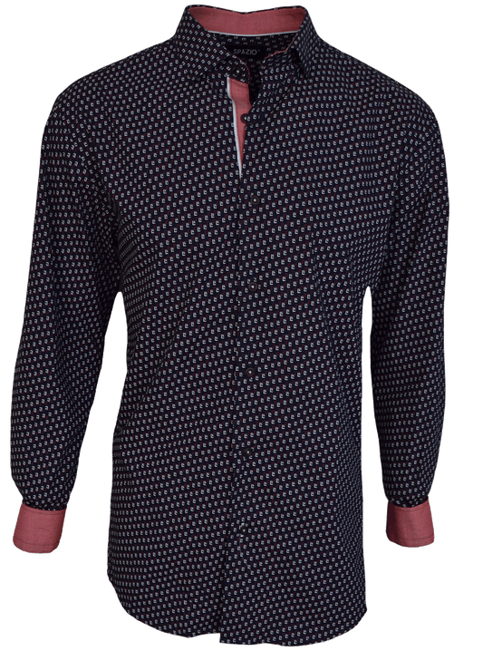 Navy patterned shirt with red accents on a white background