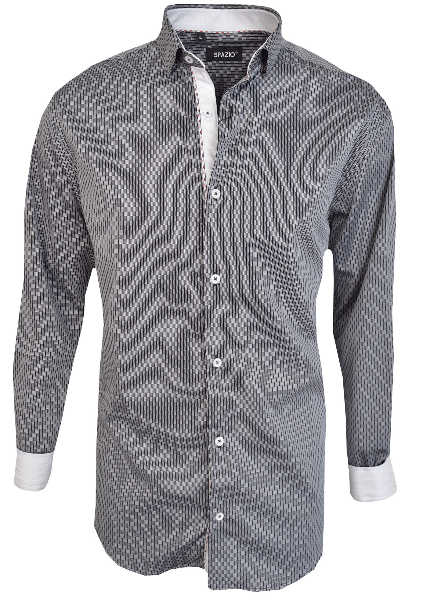Gray patterned shirt with white collar and cuffs on a white background