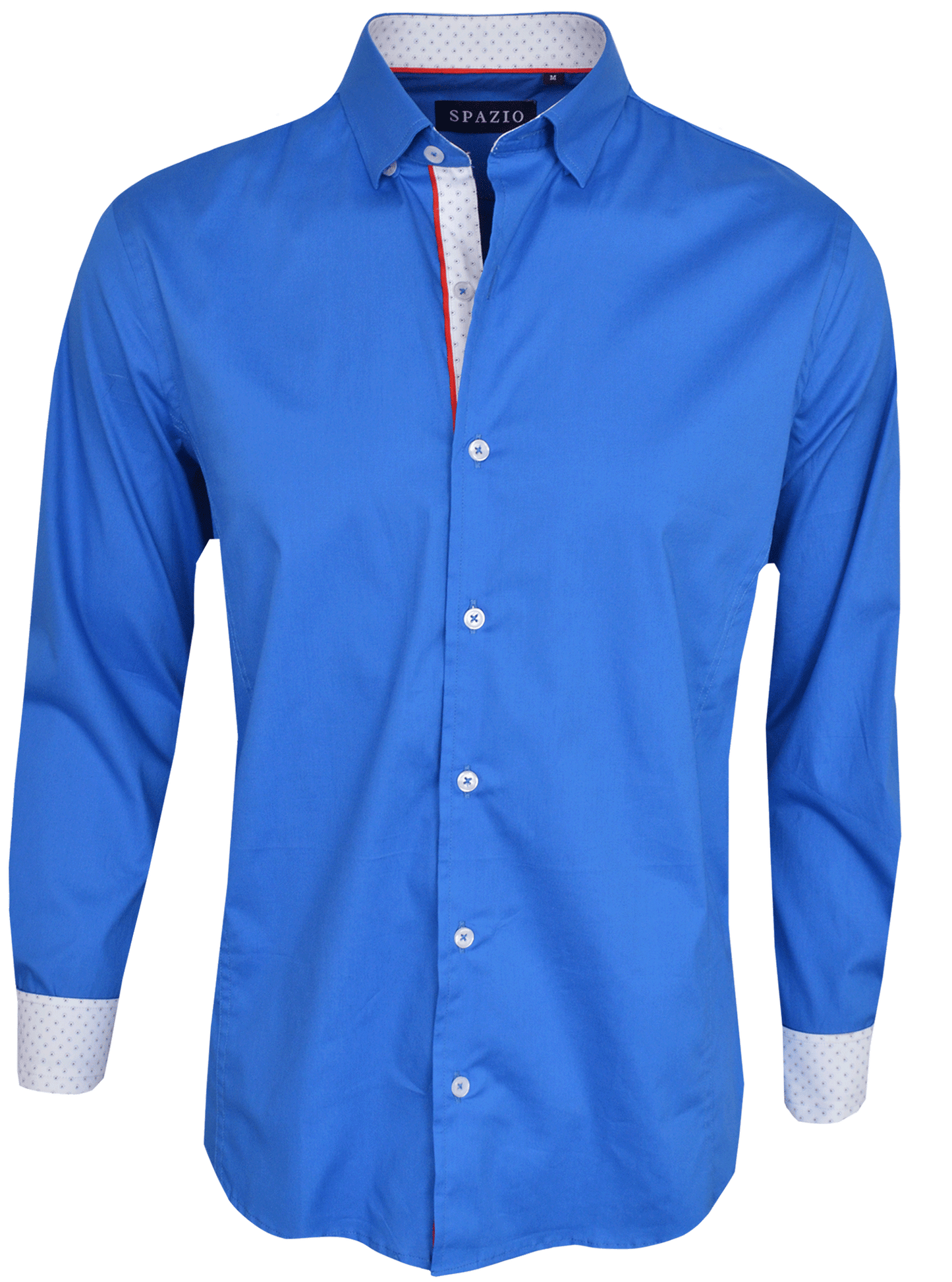 Blue shirt with white collar and cuffs on a white background