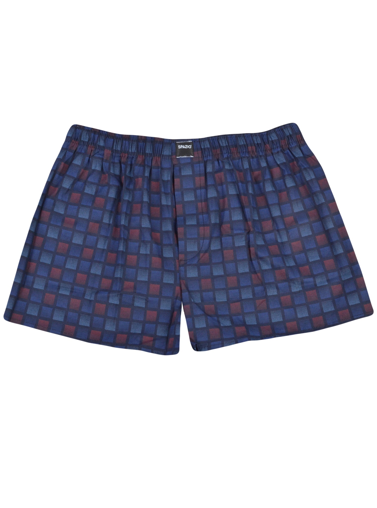 Blue and red checkered boxer shorts on a white background